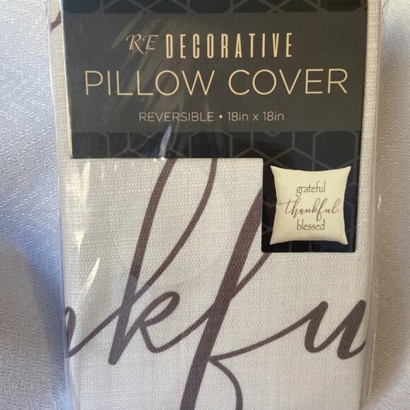 Farmhouse Throw Pillow Cover 18 x 18 Beige Reversible Grateful Thankful Blessed - Picture 2 of 3